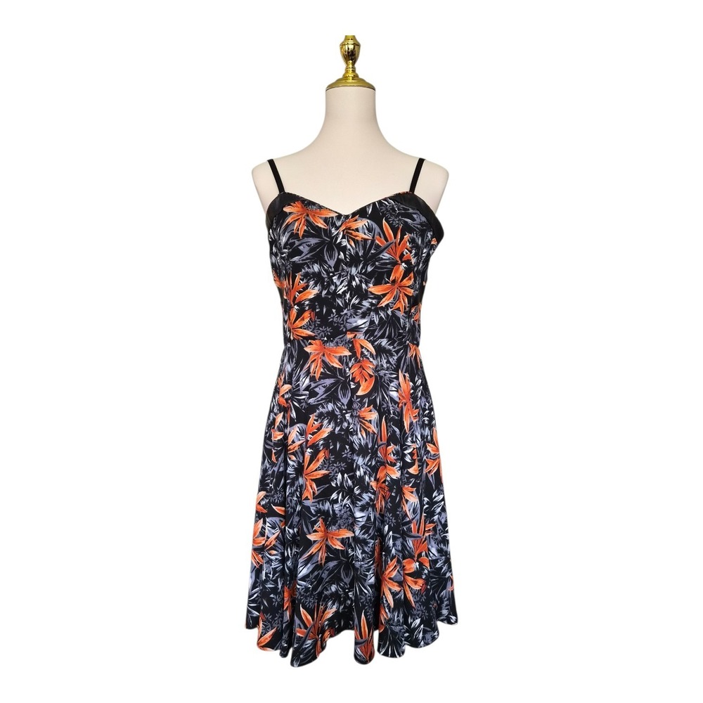 The‎ Kooples Floral Fit Flare Dress Black Orange Tropical Print Leather Trim Xl